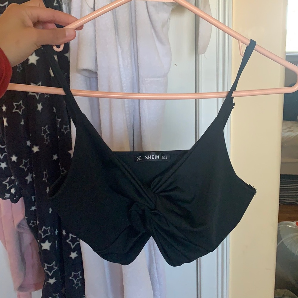 SHEIN tie front Black Crop Top